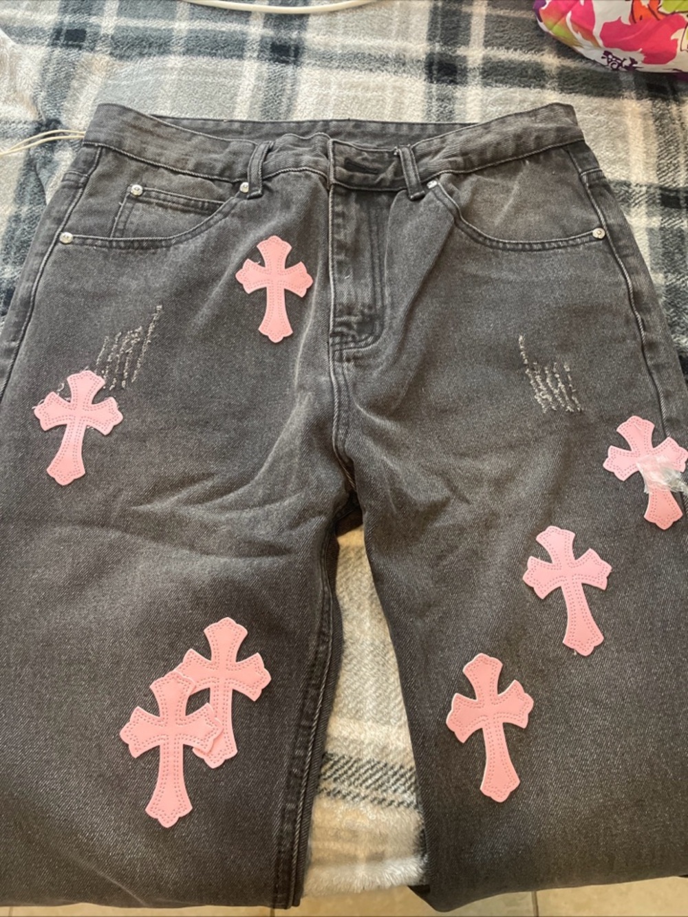 Chrome Hearts Black Jeans with Pink Cross Patches